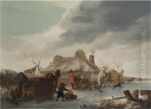 A Winter Landscape With Figures Traversing A Frozen Lake by Pieter Wouwermans or Wouwerman