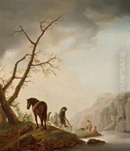 Cavaliere Con Cavalli A Un Abbeveratoio