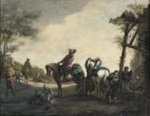 Horsemen Outside A Blacksmith's With Chlidren Playing Nearby Horsemen Outside A Blacksmith's With Chlidren Playing Nearby