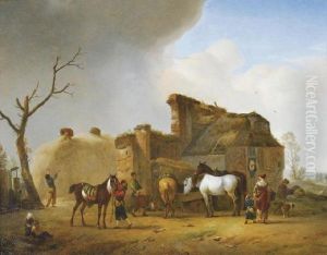 Peasants Looking After Their Horses Outside A Farmstead