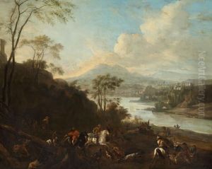 Philip Wouverman Style Of, 18th Century: Hunting For Wild Boars Along A River