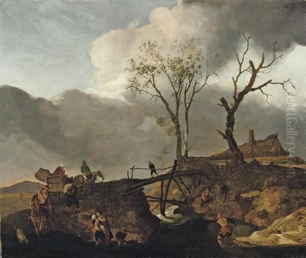 A Rocky River Landscape With Travellers On A Track Crossing A Wooden Bridge - view 1