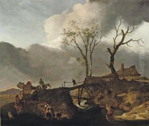 A Rocky River Landscape With Travellers On A Track Crossing A Wooden Bridge by Pieter Wouwermans or Wouwerman