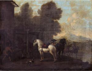 Horses And Cavaliers Outside A Blacksmith's by Pieter Wouwermans or Wouwerman