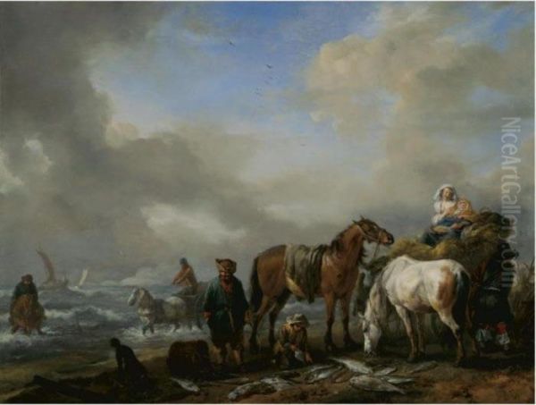 Fishermen On A Beach With Their 
Catch [engraved Charles Emmanuel Patas (1744-1802), La Chasse Maree 
Almande.] - view 1