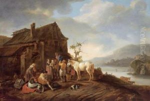 Del Xviii Secolo Cavaliere In Sosta E Altre Figure Di Fronte A Una Locanda
