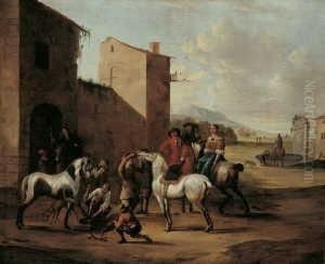 Nachfolge Beim Hufschmied. Ol Auf Leinwand by Pieter Wouwermans or Wouwerman