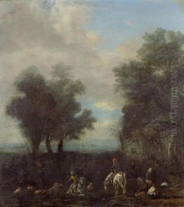 Rastende Reiter An Einem Fluss Mit Baumen. by Pieter Wouwermans or Wouwerman