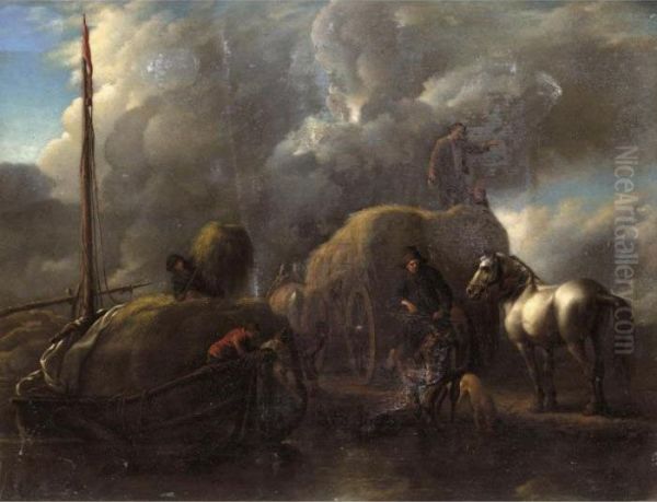 "le Port Au Foin": Harvesters Unloading Hay Into A Barge Beside A River - view 1