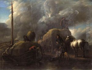 "le Port Au Foin": Harvesters Unloading Hay Into A Barge Beside A River by Pieter Wouwermans or Wouwerman