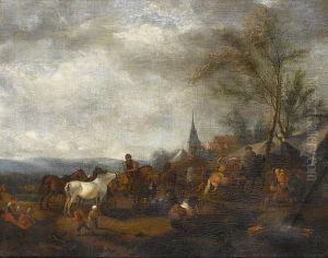 Horsemen Resting Outside An Encampment A View To A Village Beyond