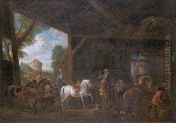 A Barn Interior With An Elegant Company Preparing For A Hunt - view 1