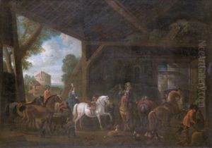 A Barn Interior With An Elegant Company Preparing For A Hunt by Pieter Wouwermans or Wouwerman