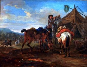 An Encampment Scene With A Soldier Sounding His Bugle by Pieter Wouwermans or Wouwerman