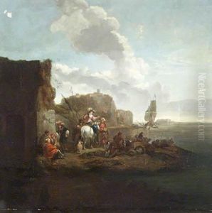 Group Of Travelers Beside A Rocky Inlet by Pieter Wouwermans or Wouwerman
