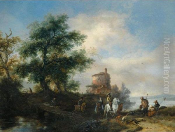 River Landscape With A Gentleman
And Lady Riding To The Chase With A Pilgrim
Asking For Alms In The Foreground Other Members
Of The Hunting Party Crossing A Wooden Bridge A
Tower Be - view 1