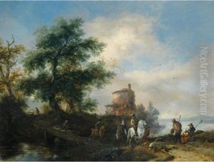 River Landscape With A Gentleman
 And Lady Riding To The Chase With A Pilgrim 
Asking For Alms In The Foreground Other Members 
Of The Hunting Party Crossing A Wooden Bridge A 
Tower Be