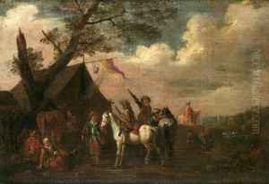 Soldater Utanfor Vardshus. Uppfodrad Duk 40 X 57 Cm by Pieter Wouwermans or Wouwerman