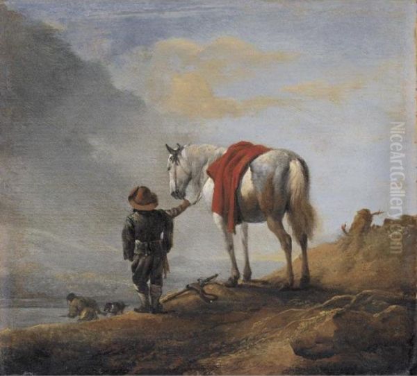 Man Leading A Grey Horse - view 1