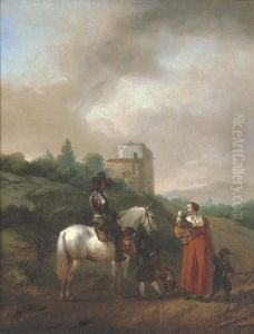 A Man On A White Horse Conversing With A Woman And Children On A Track by Pieter Wouwermans or Wouwerman