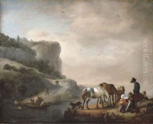A River Landscape With Peasants And Horses On The Shore And A Ferry Crossing
