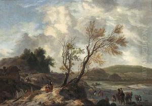 Dune Landscape With Travellers
On A Path Horsemen And A Horse-drawn Wagon
Fording A Stream Together With Figures Bathing
In The Background by Pieter Wouwermans or Wouwerman