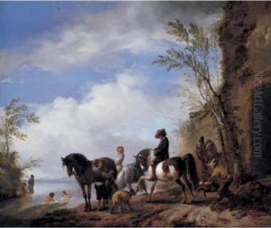 Horsemen And Other Figures Halted By On A Riverbank Next To Ruins, Bathers In The River by Pieter Wouwermans or Wouwerman