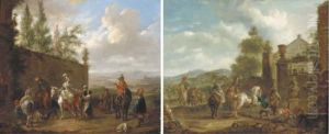 An Elegant Couple On Horseback And Other Figures Near An Enclosed Garden An Elegant Couple On Horseback And Other Figures Near An Enclosed Garden