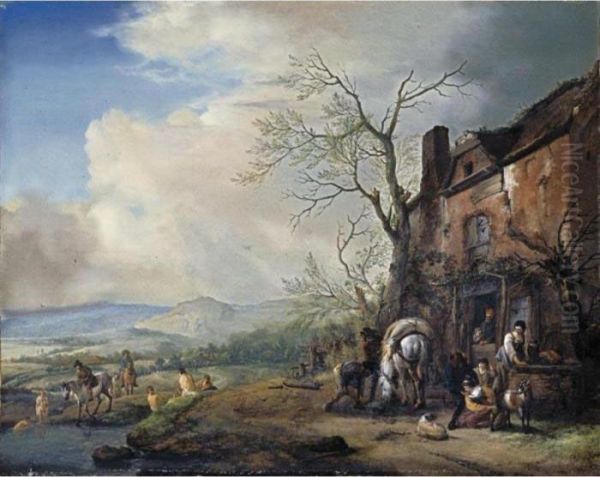 Landscape With Peasants By A
Cottage, A Pack-horse Being Fed, And Bathers By A Stream Beyond - view 1