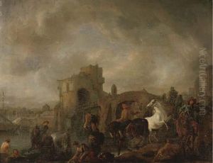 A Hawking Party With Washerwomen And Bathers, A Ship, A Bridge Anda Town Beyond by Pieter Wouwermans or Wouwerman
