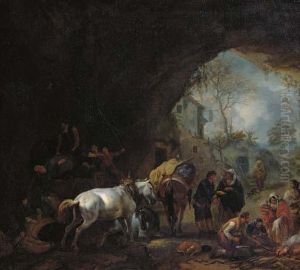 A Grotto With Travellers Unloading A Wagon