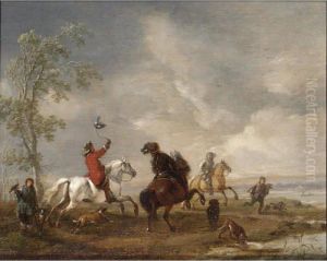A Hawking Party With Horsemen, Falconers And Their Hounds In A Landscape