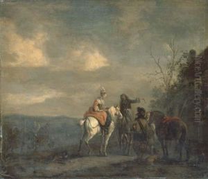 Elegant Company On Horseback At Halt Outside A Cottage, A Landscape Beyond by Pieter Wouwermans or Wouwerman