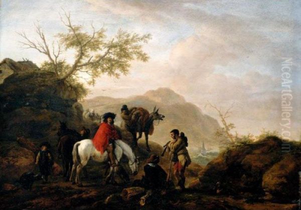 A Cavalier On A White Horse With Other Travellers On A Rocky Road, Mountains Beyond - view 1