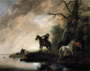 An Evening Landscape With Horsemen And Bathers By A Lake