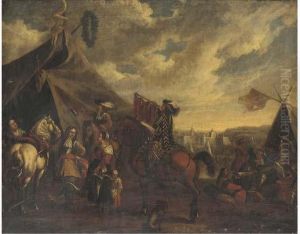 Cavalry Officers With Their 
Chargers And A Mounted Trumpeter Beforea Sutler's Booth, An Encampment 
Beyond