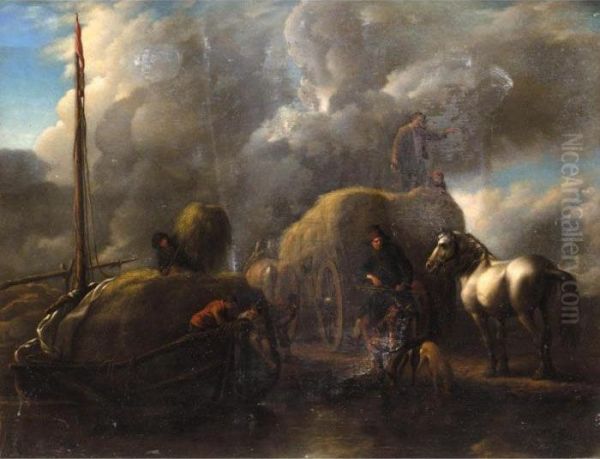 Le Port Au Foin": Harvesters Unloading Hay Into A Barge Beside A River - view 1