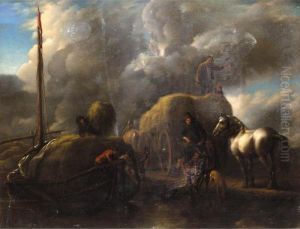 Le Port Au Foin": Harvesters Unloading Hay Into A Barge Beside A River by Pieter Wouwermans or Wouwerman