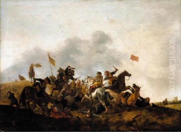 A Cavalry Skirmish With A Village In The Distance - view 1