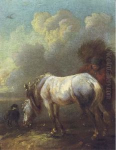 A Peasant Carrying Hay With A White Horse And A Dog In Theforeground by Pieter Wouwermans or Wouwerman
