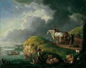 Nachfolge Flusslandschaft Mit
Pferdegespann. Ol Auf Leinwand . H 41; B 51 Cm. Provenienz: Aus
Rheinischem Adelsbesitz. Frau M. De Kinkelder Vom Rkd, Den Haag,
Beurteilt Das Gemalde Als Ein Moglicherwe by Pieter Wouwermans or Wouwerman