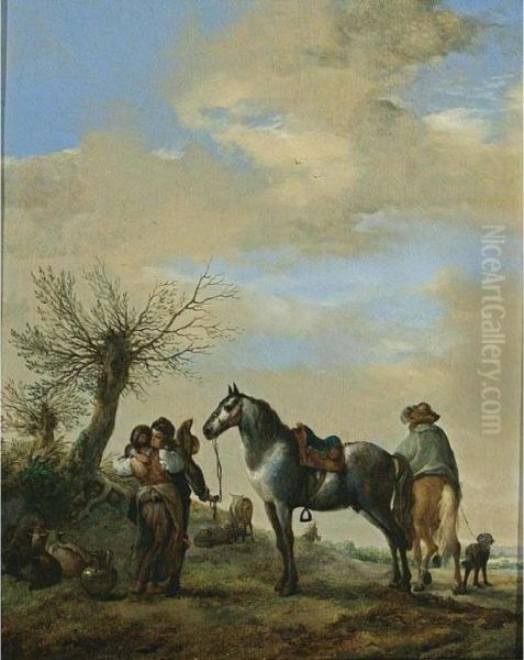 A Landscape With A Couple Saying Goodbye, With A Horse And A Horseman, And Sheep Nearby - view 1