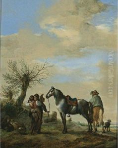 A Landscape With A Couple Saying Goodbye, With A Horse And A Horseman, And Sheep Nearby A Landscape With A Couple Saying Goodbye, With A Horse And A Horseman, And Sheep Nearby