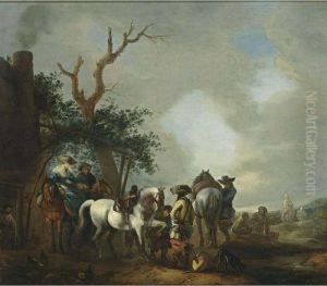 A Landscape With Horsemen Halting At A Forge Together With Their Dogs