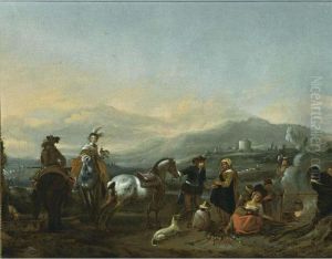 A Landscape With Huntsmen After 
The Hunt Near A Wood Fire With Gypsies Holding Cooking Pots, Together 
With Dogs And Children