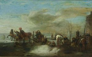 A Winter Scene With Two 
Horse-drawn Sleighs On A Frozen River With Two Horses Resting And 
Children Playing Near A House