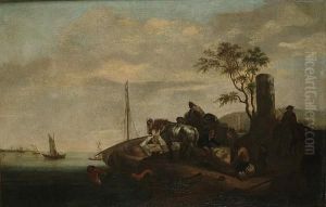 A River Landscape With Figures Loading A Barge by Pieter Wouwermans or Wouwerman