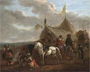 An Army Encampment With Soldiers
 Near A Fire, Horses, A Beggar, Travellers, And A Family Outside Tents