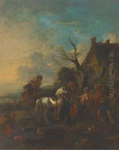 A Hunting Party Halted Outside An Inn by Pieter Wouwermans or Wouwerman