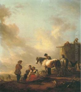 Figures Resting Before A Haycart
